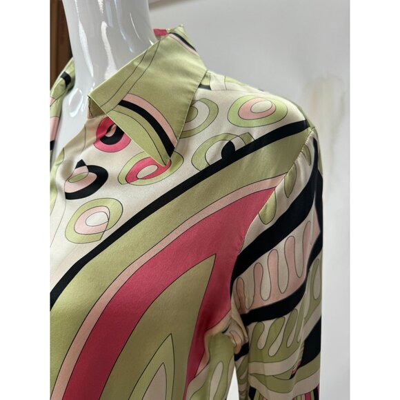 Silk Patterned Blouse By Kasper Size 6 - Green & Pink Design French Cuff Blemish - Picture 13 of 16